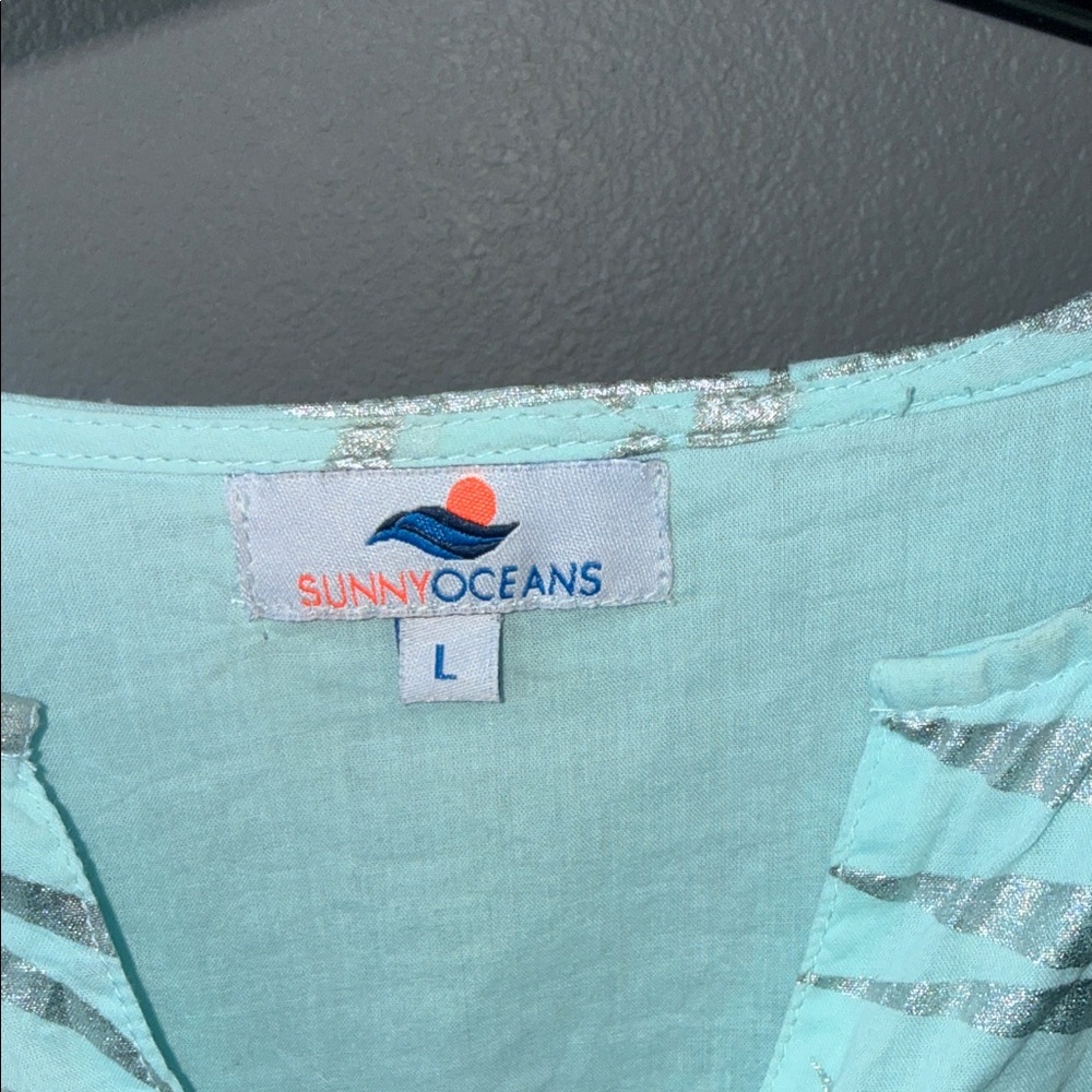 Sunny Oceans Light Aqua Foil Leaf Tiered Tunic Dress🌴🌸 - Picture 2 of 10